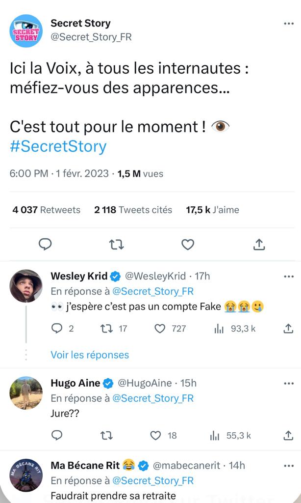 https://twitter.com/Secret_Story_FR/status/1620829512492810240?ref_src=twsrc%5Etfw%7Ctwcamp%5Etweetembed%7Ctwterm%5E1620829512492810240%7Ctwgr%5E8106fd6f34e33b92b83084283713c43a42128d40%7Ctwcon%5Es1_&ref_url=https%3A%2F%2Fwww.public.fr%2FNews%2FSecret-Story-de-retour-sur-TF1-Le-message-completement-fou-de-La-Voix-sur-le-compte-Twitter-de-l-emission-1761610